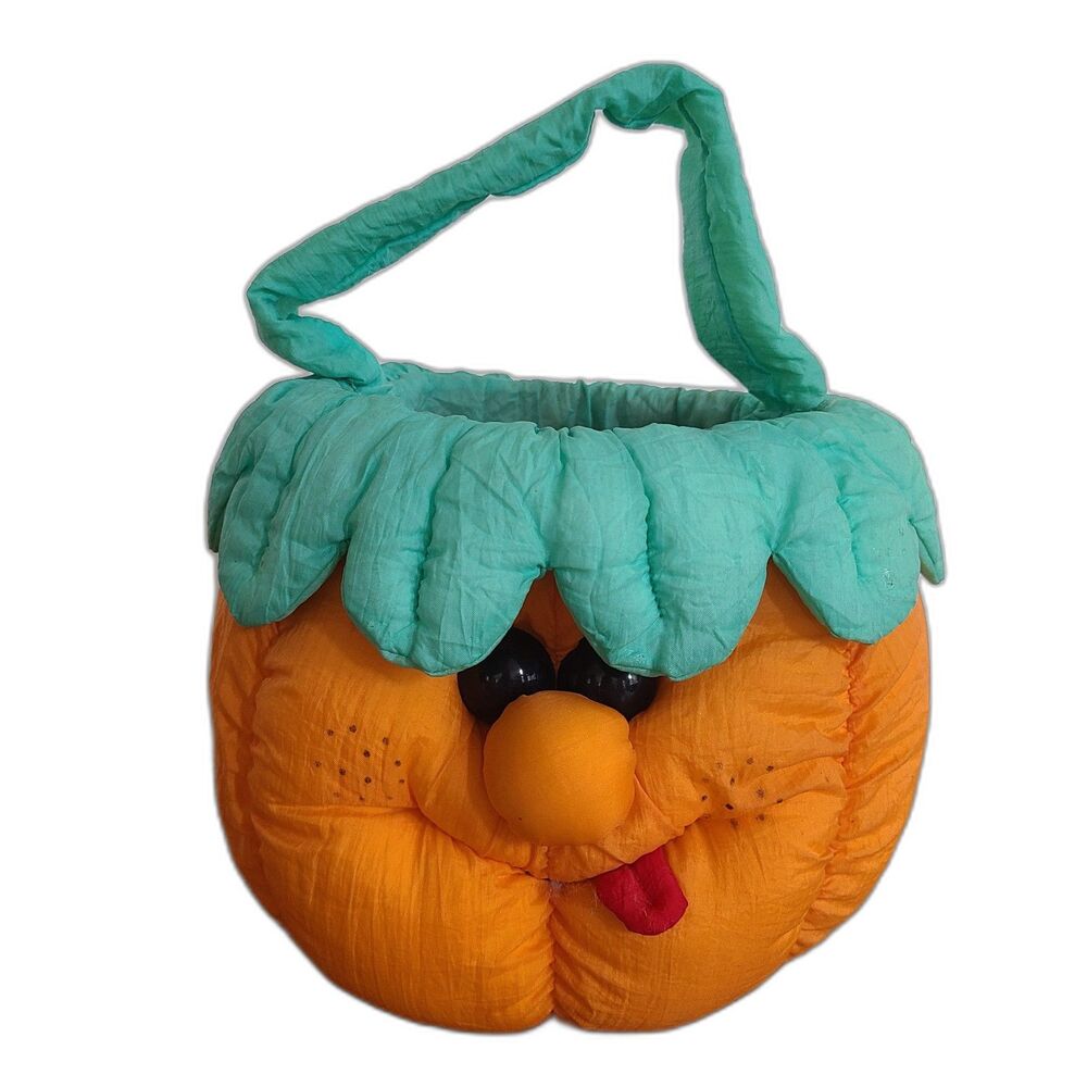 Vintage 1993 Pumpkin Pail Basket Trick Or Treat Nylon Plush Halloween Decor